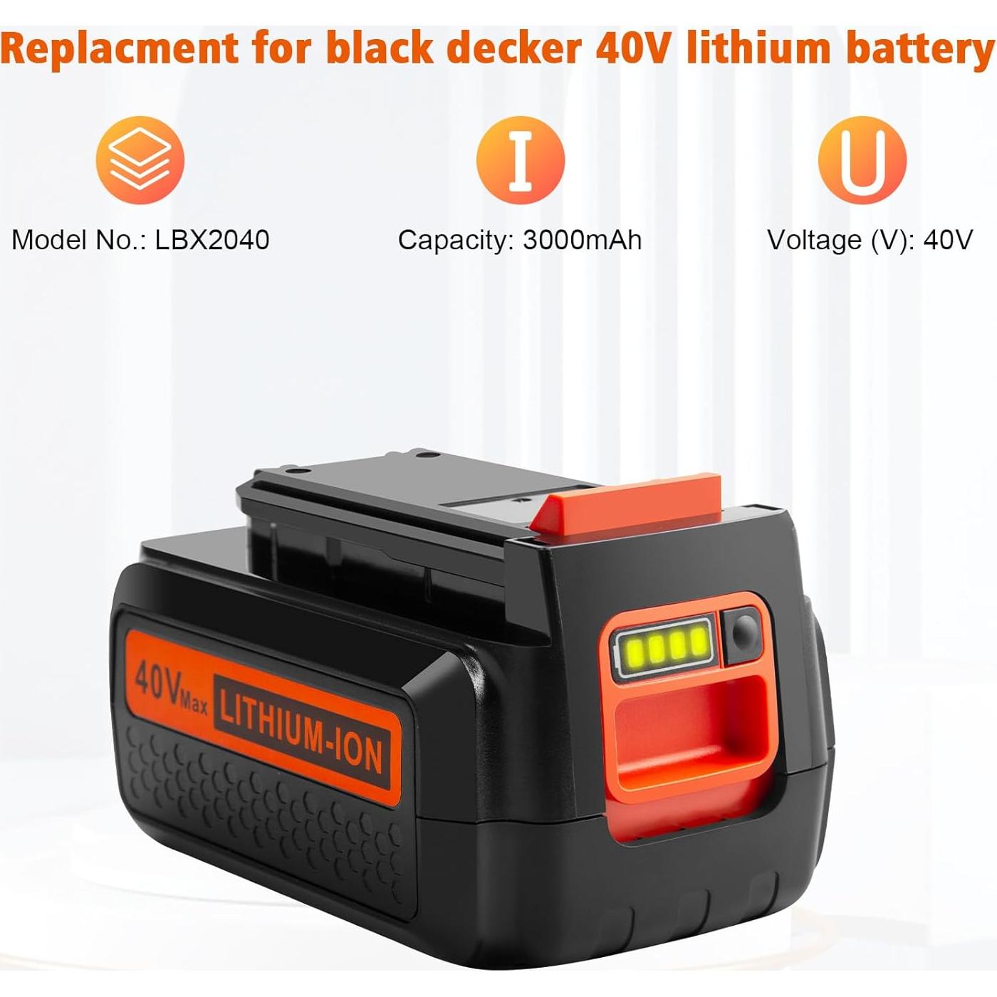 3000mAh 40V Lithium Battery Replacement for Black and Decker, 2 Pack Battery and 1 Charger Combo Compatible with Black & Decker 40 Volt Max LBX2040 LBXR2036 LBXR36 LBX1540 LBX2540 Power+ Tools