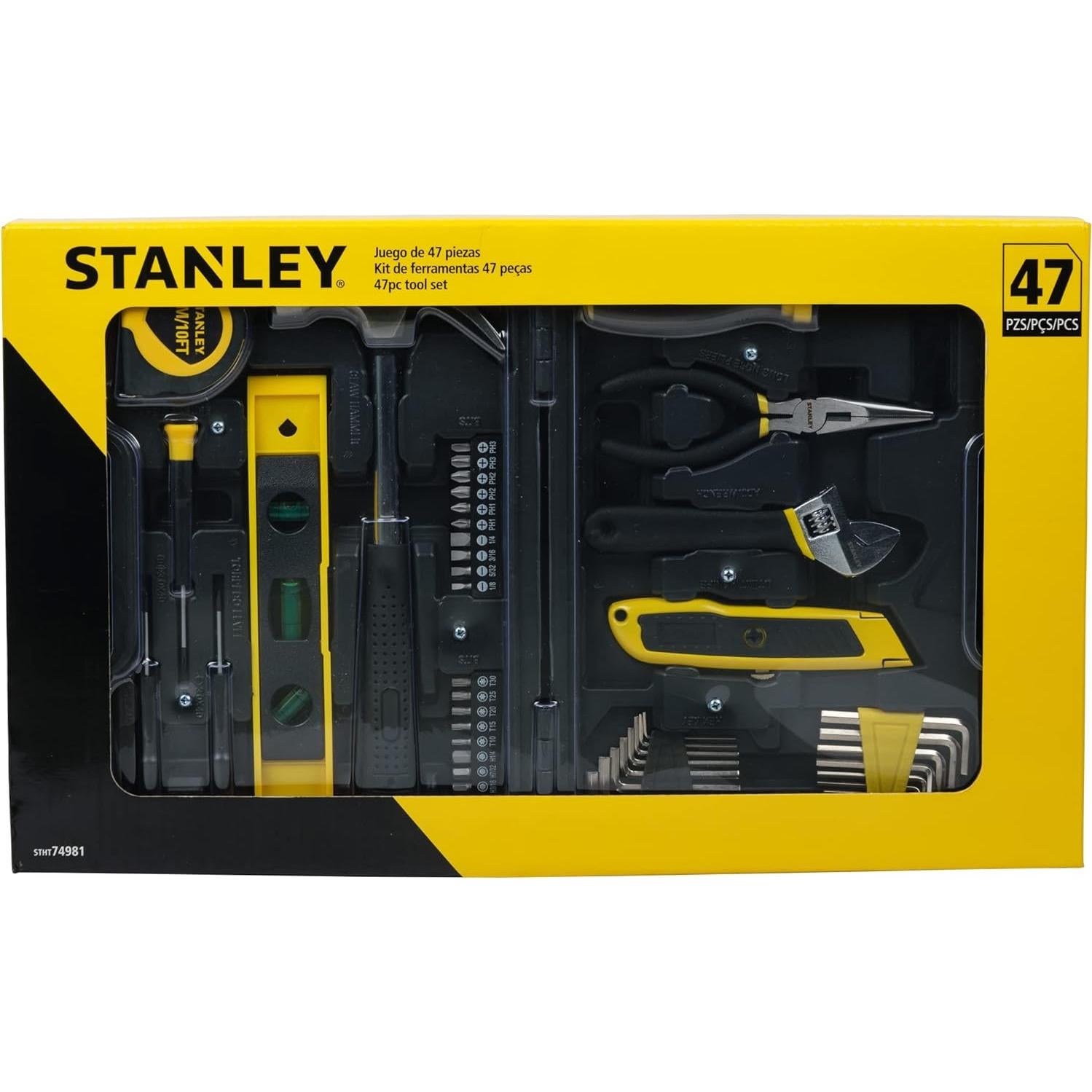 STANLEY STHT74981 Small Home Tool Kit For Home & DIY Use(47-pieces) - Includes Screwdriver, Hammer, Wrench, Pliers, Measurement Tape, Knife, Magnetic Drivers, Tool Box