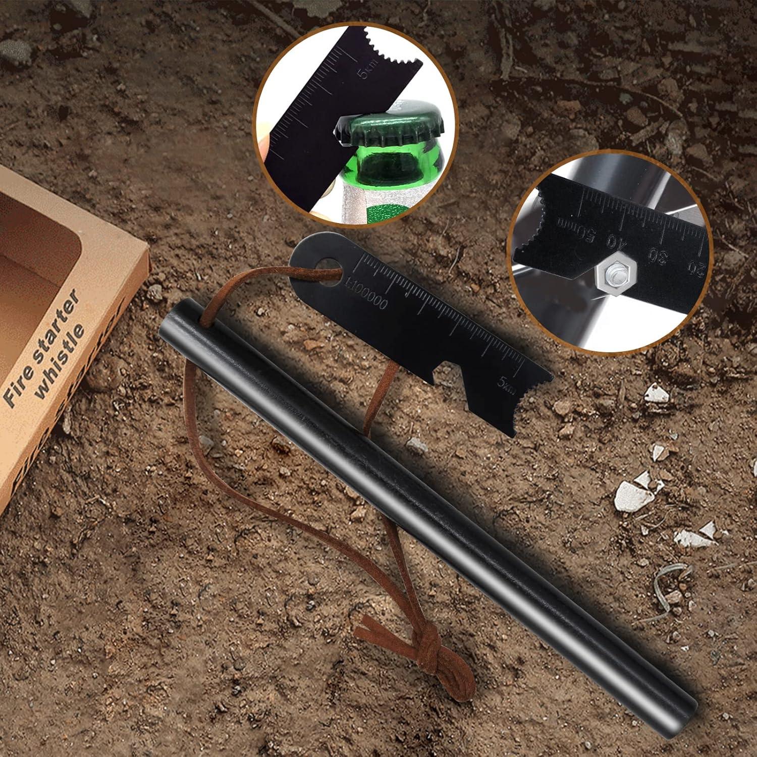 Fire Starter Survival Tool, Ferro Rod Kit with Leather Neck Lanyard and Multi-Tool Striker, Flint and Steel Survival Igniter with Tinder Rope and Tab for Camping, Hiking and Emergency