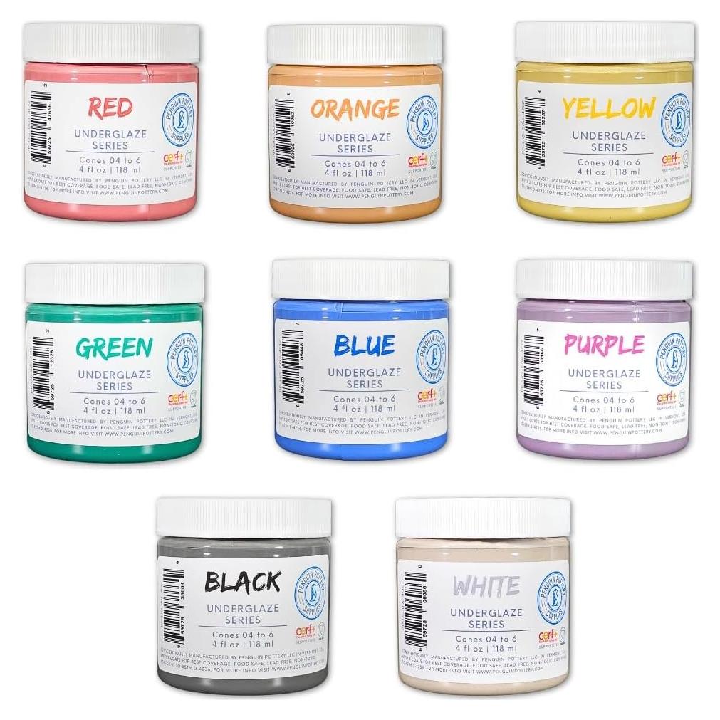 Penguin Pottery Underglaze for Ceramics - 8-Color Underglaze Set (4 oz Jars) - Ceramics Underglaze Cone 04 to Cone 6 - Paint Colors for Clay, Bisque - Under Glaze for Pottery - Low Fire to Mid Fire