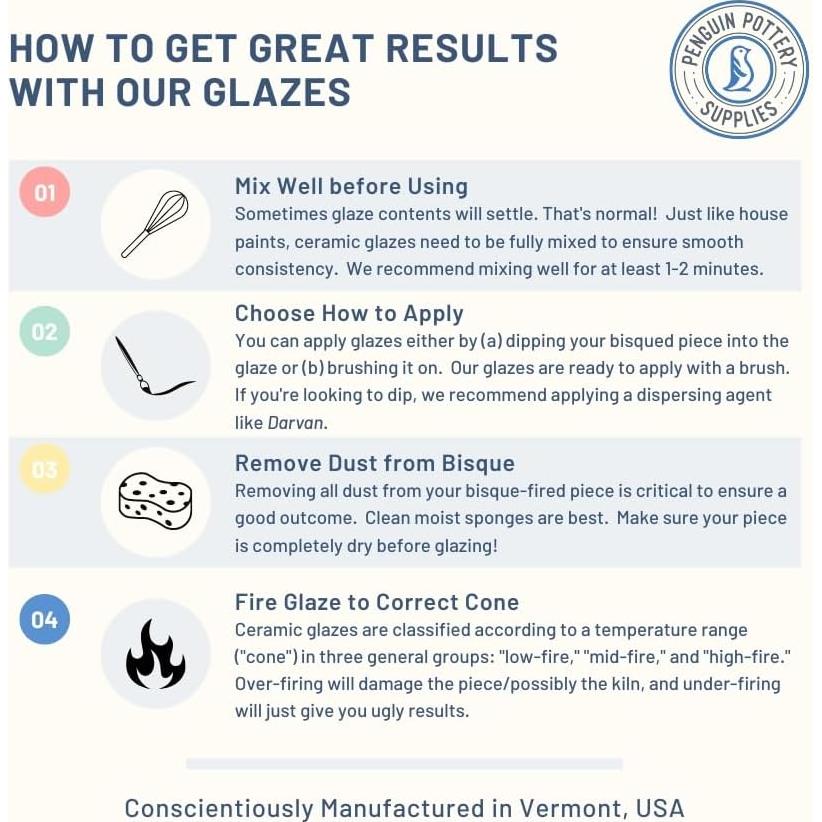 Penguin Pottery Underglaze for Ceramics - 8-Color Underglaze Set (4 oz Jars) - Ceramics Underglaze Cone 04 to Cone 6 - Paint Colors for Clay, Bisque - Under Glaze for Pottery - Low Fire to Mid Fire