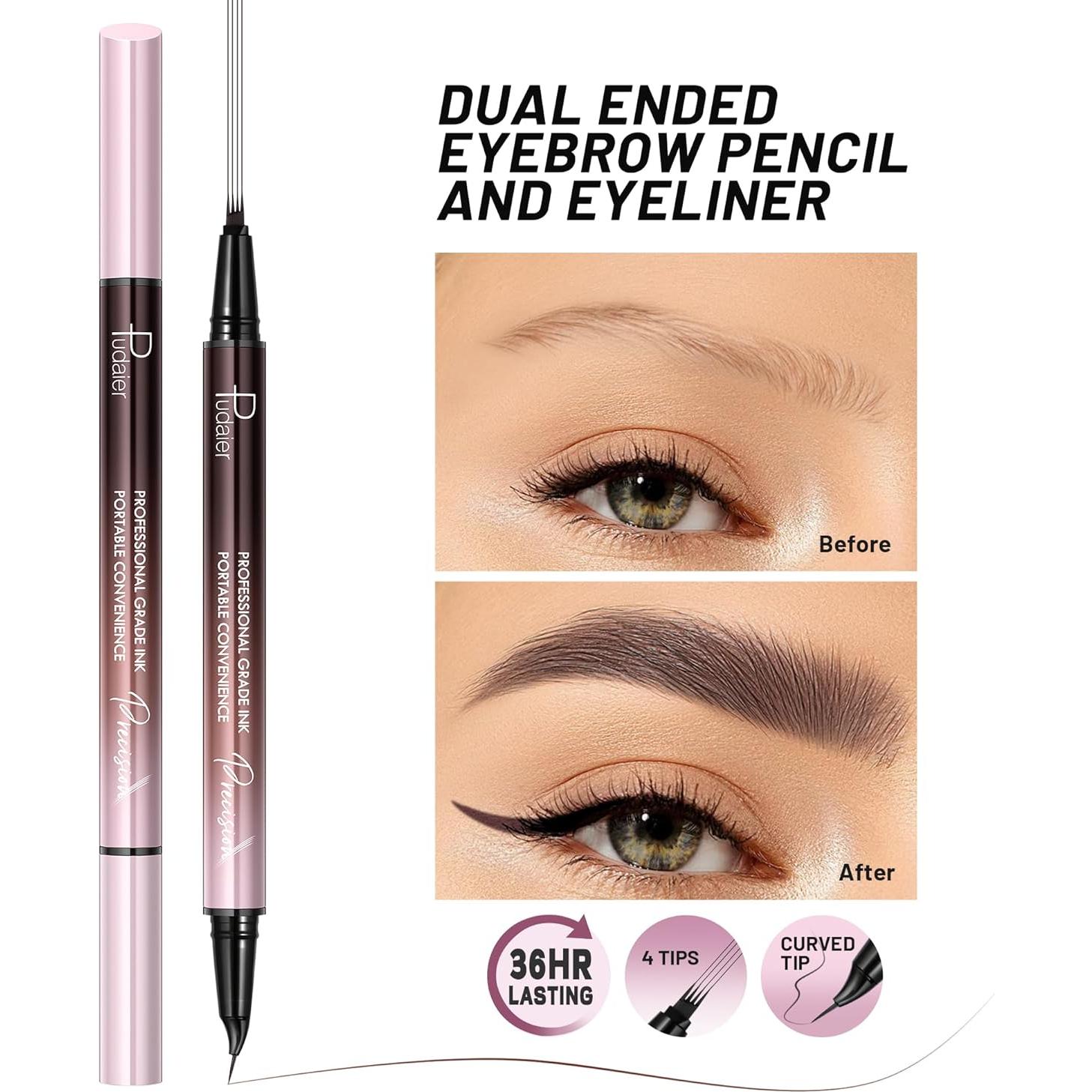 Lápiz para Cejas Pudaier Doble Extremo a Prueba de Agua Marrón Frío
