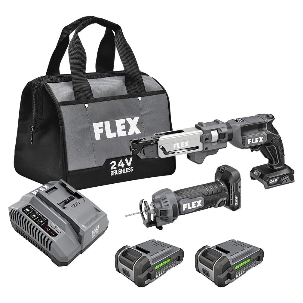 FLEX 24V Brushless Cordless 2-Tool Combo Kit: Drywall Screw Gun with Magazine and Cut Out Tool with (2) 2.5Ah Lithium Batteries and 160W Fast Charger - FXM203-2A
