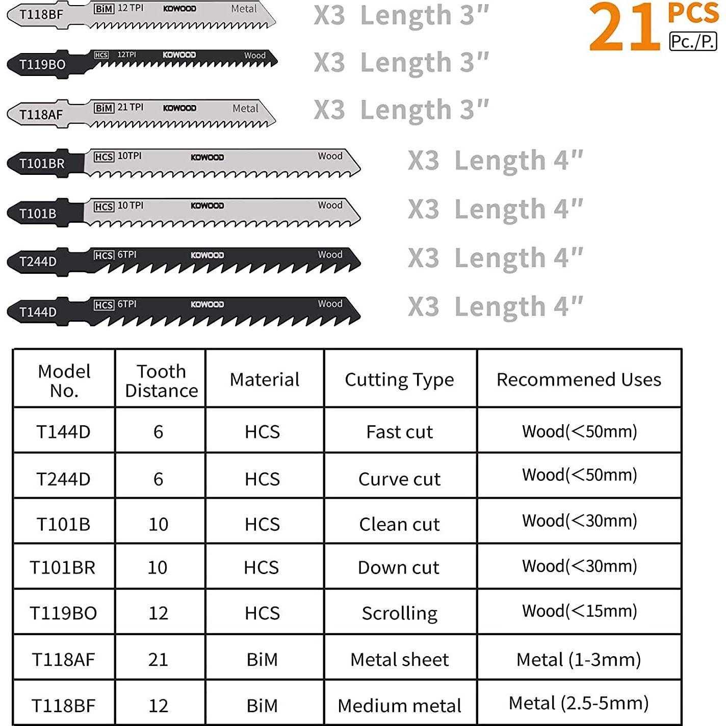 Juego de Hojas de Sierra KOWOOD 21 Piezas T-Shank para Madera, Metal y Plástico