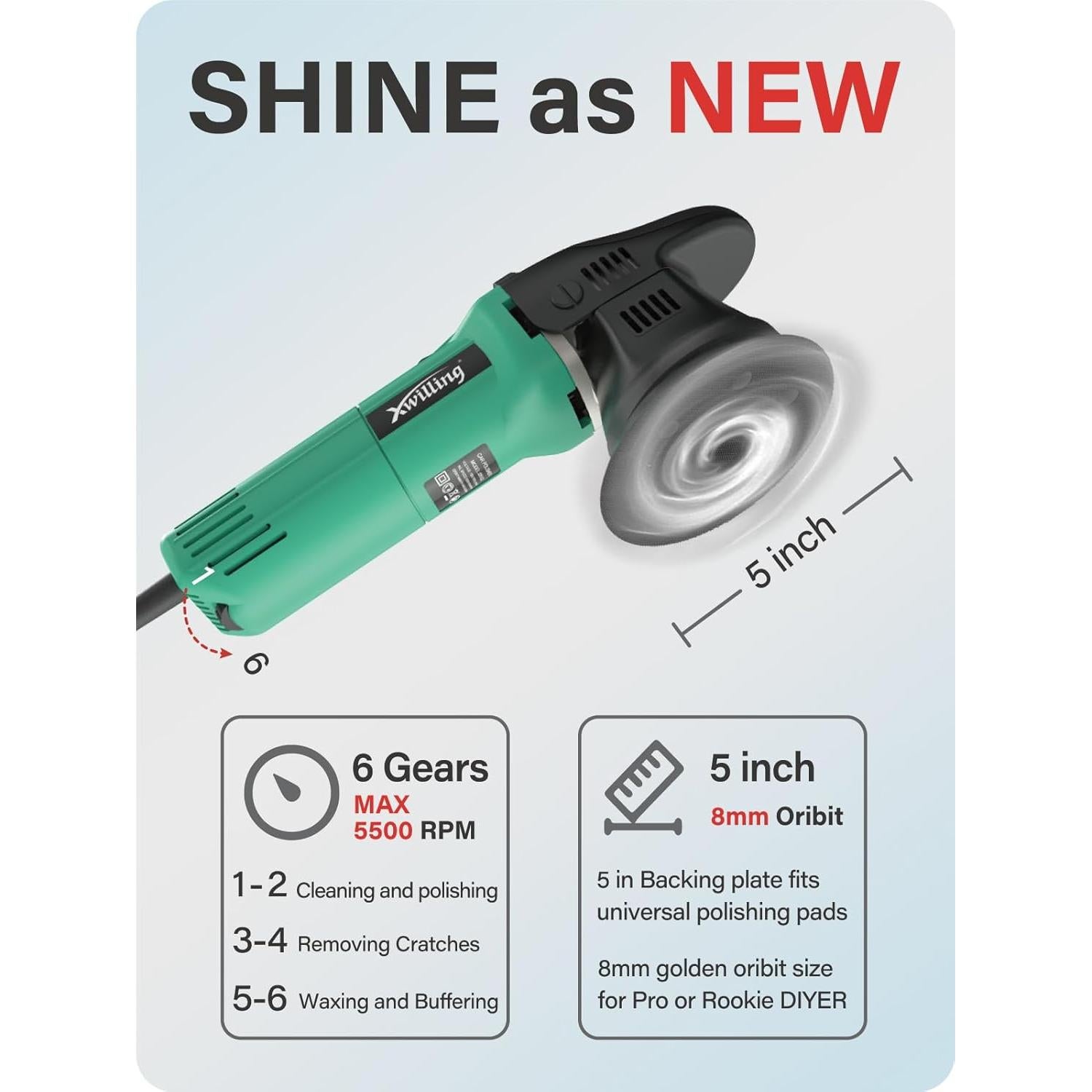 Pulidor Orbital Aleatorio XWILLING 800W 8mm 5500 RPM