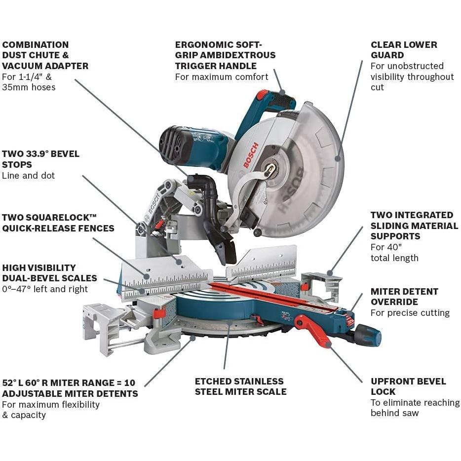 Bosch 120V 12" DB Glide Miter Saw-Blue and MS1233 Crown Stop Kit for Bosch Miter Saws, Includes Mounting Knobs and Hardware