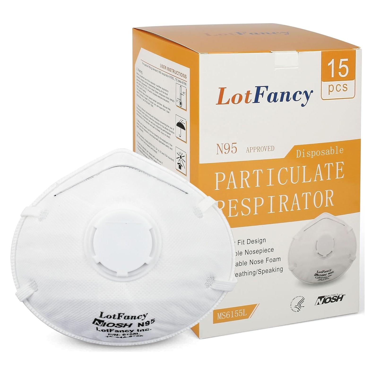 Mascarilla N95 LotFancy 15PCS con Válvula para Adultos