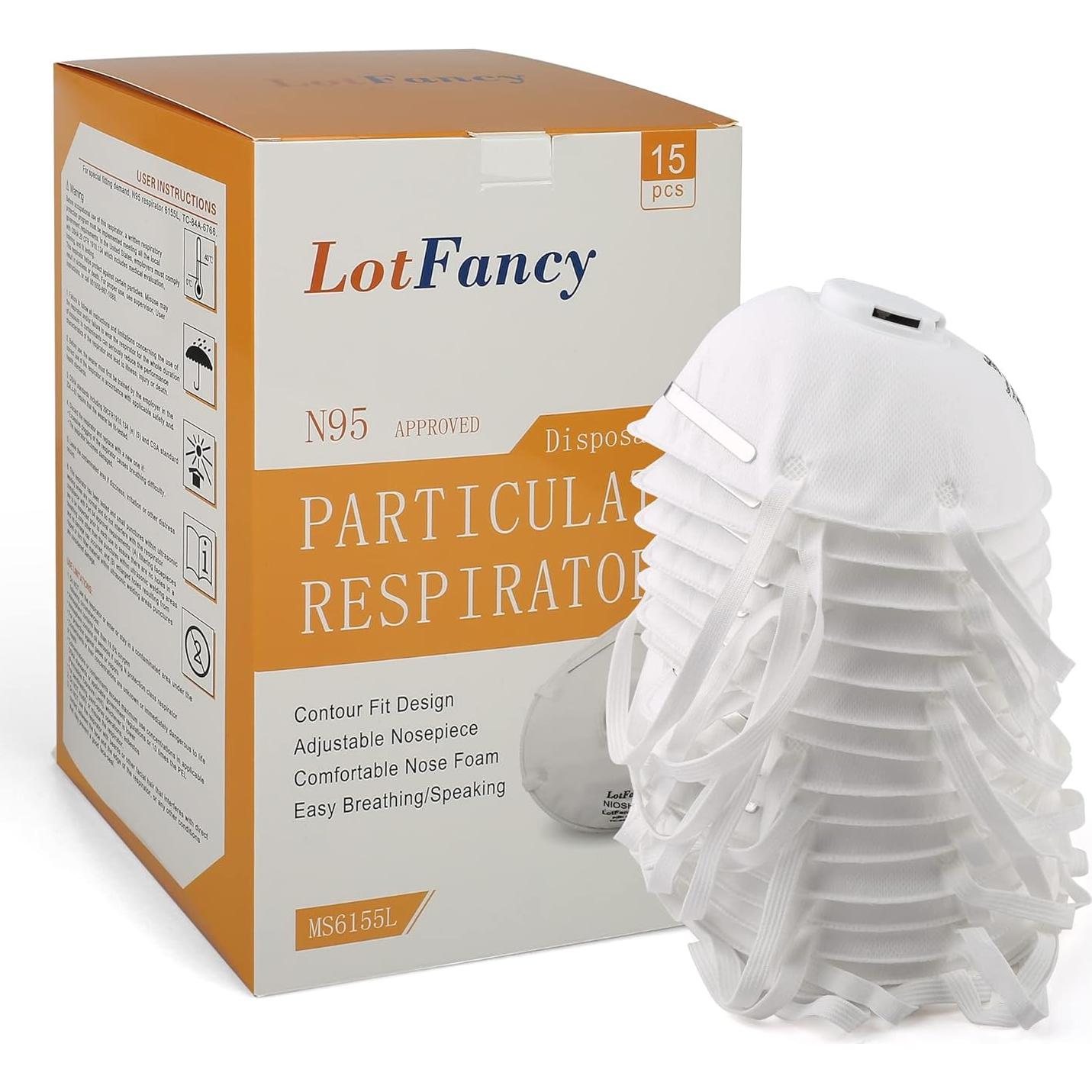 Mascarilla N95 LotFancy 15PCS con Válvula para Adultos