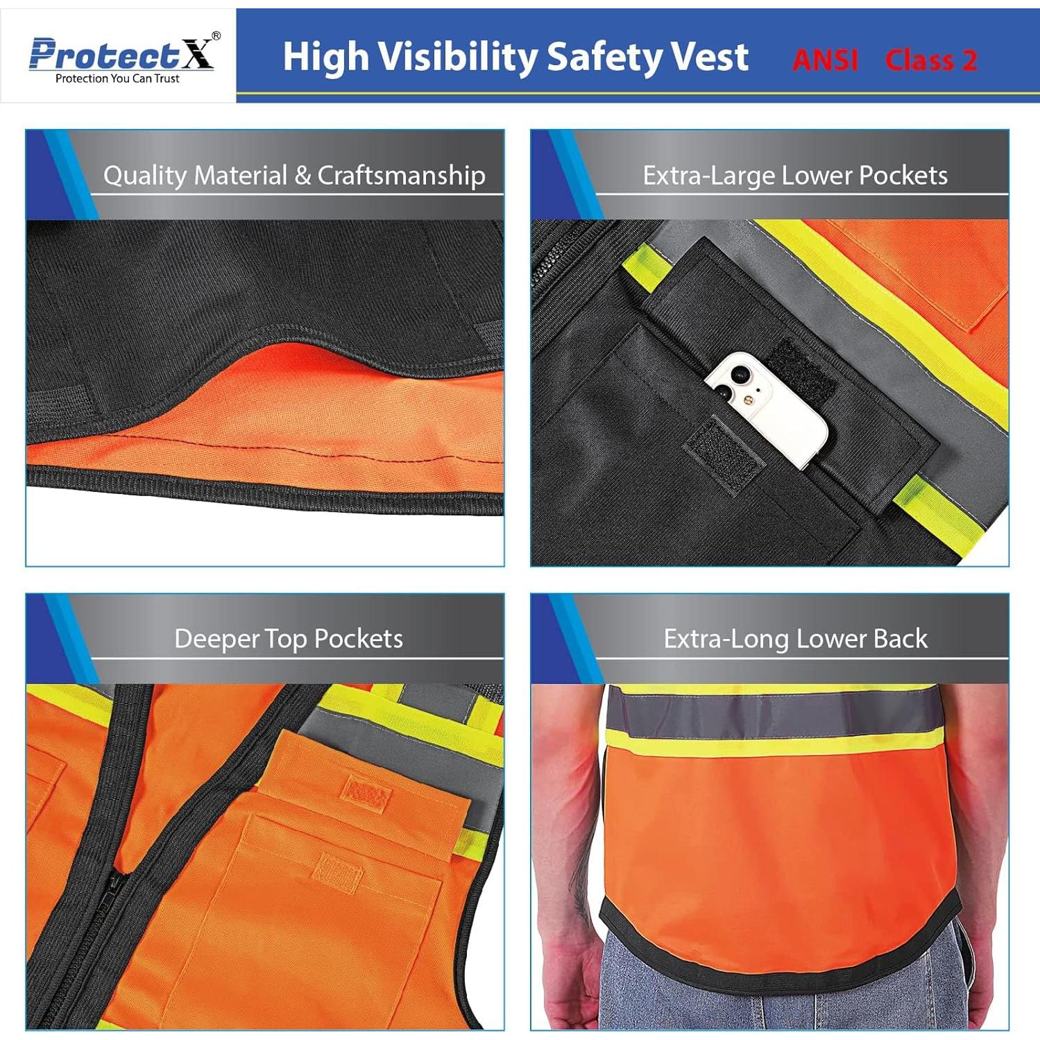 Chaleco de Seguridad ProtectX Clase 2 Naranja Neón 6 Bolsillos