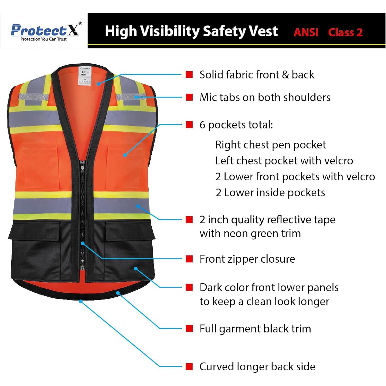 Chaleco de Seguridad ProtectX Clase 2 Naranja Neón 6 Bolsillos