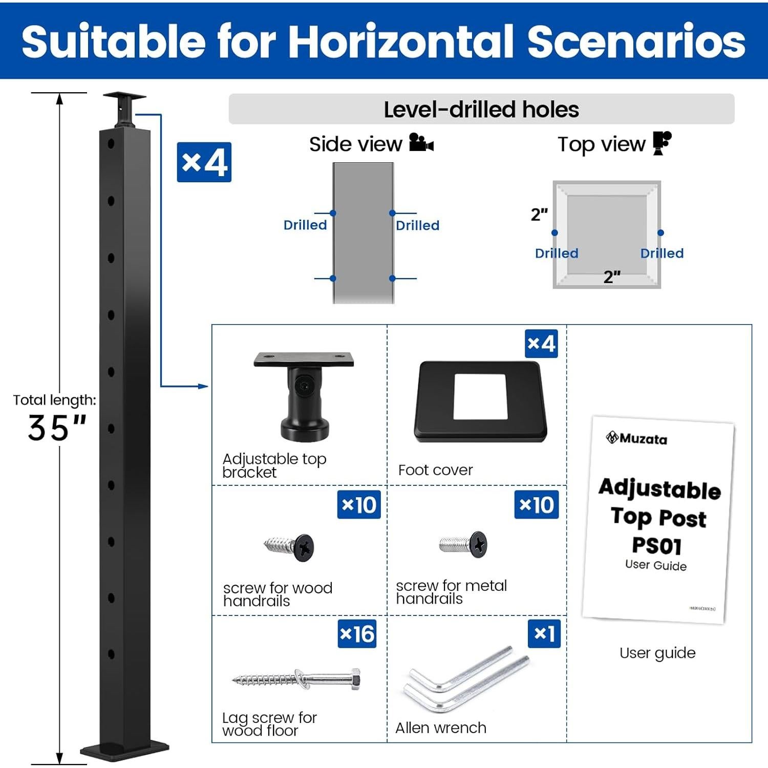 Poste de Barandilla de Cable Muzata 36" Acero Inoxidable T304