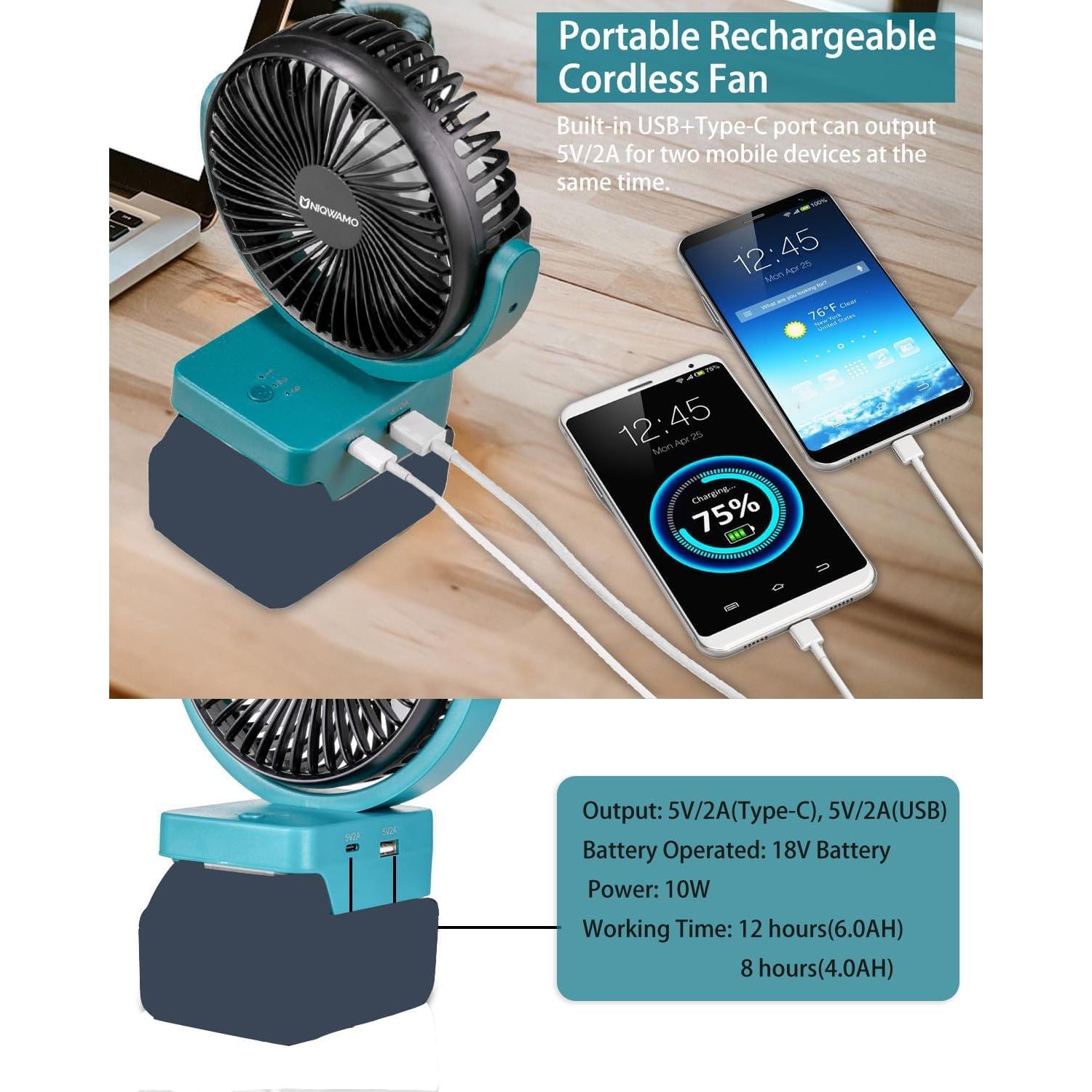 Ventilador Recargable Uniqwamo 18V 3 Velocidades USB Tipo C