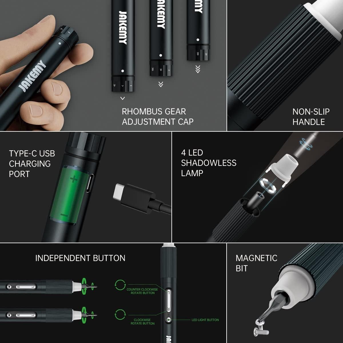 Gear Adjustable Mini Electric Screwdriver,JAKEMY Laptop Screwdriver Repair Tool Kit Cordless Torque Power with Light Manual&Automatic Rechargeable for Phone,Consoles,Toys,Ect, (JM-E21A)