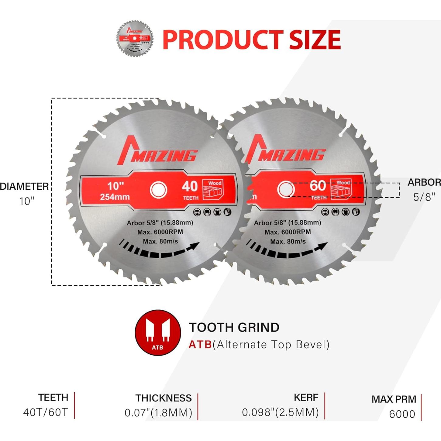 Cuchillas de Sierra Circular MAZING 10" 40T y 60T - 2 Piezas