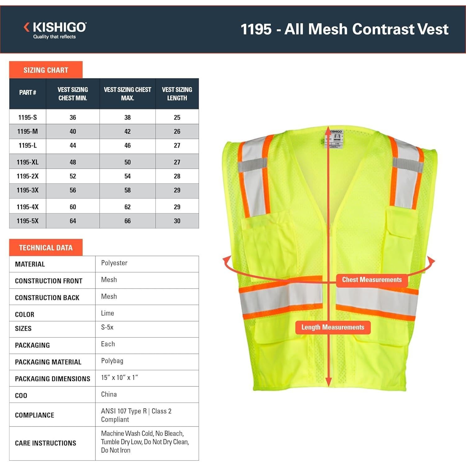 Chaleco Reflectante Kishigo 1195 Unisex Malla 6 Bolsillos