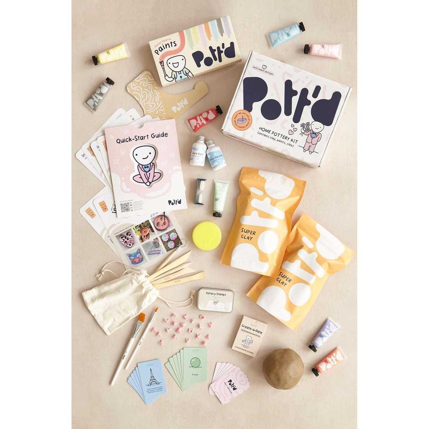 Pott'd Air Dry Clay for Adults Date Night Special Edition. Beginners Home Pottery Kit for Adults. DIY Craft Kit for Adults. Kit Includes: Air-Dry Clay, Tools, Paints, Brushes, Sealant, How-to-Guides