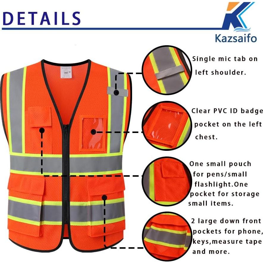 Chaleco Reflectante Kazsaifo Naranja Mediano 5 Bolsillos