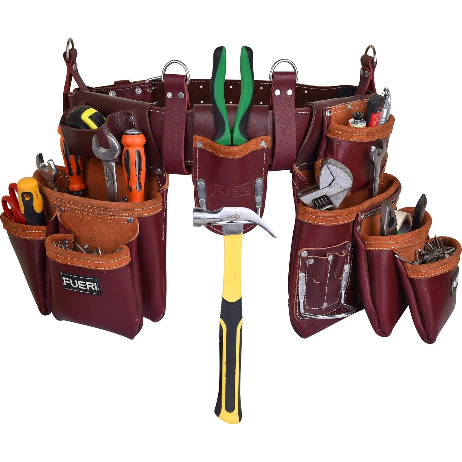 Cinturón de Herramientas de Cuero FUERI 19 Bolsillos Marrón
