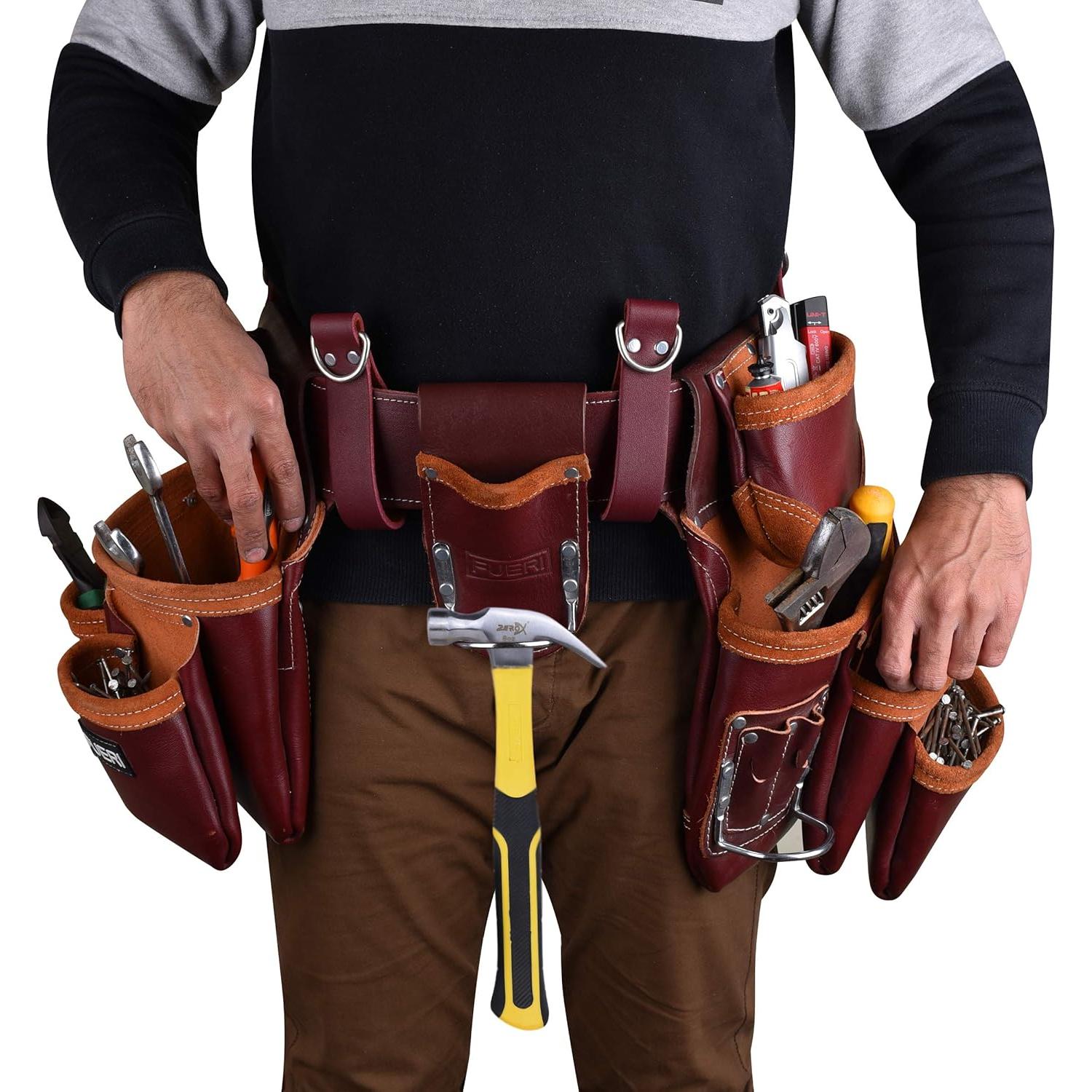 Cinturón de Herramientas de Cuero FUERI 19 Bolsillos Marrón