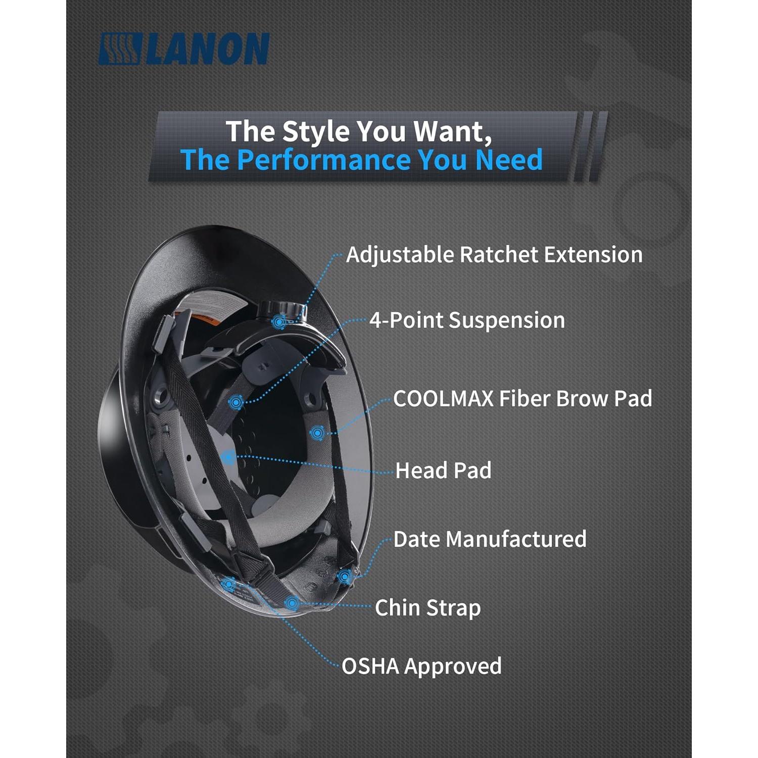 Casco de Seguridad LANON Negro HDPE Ajustable 4 Puntos