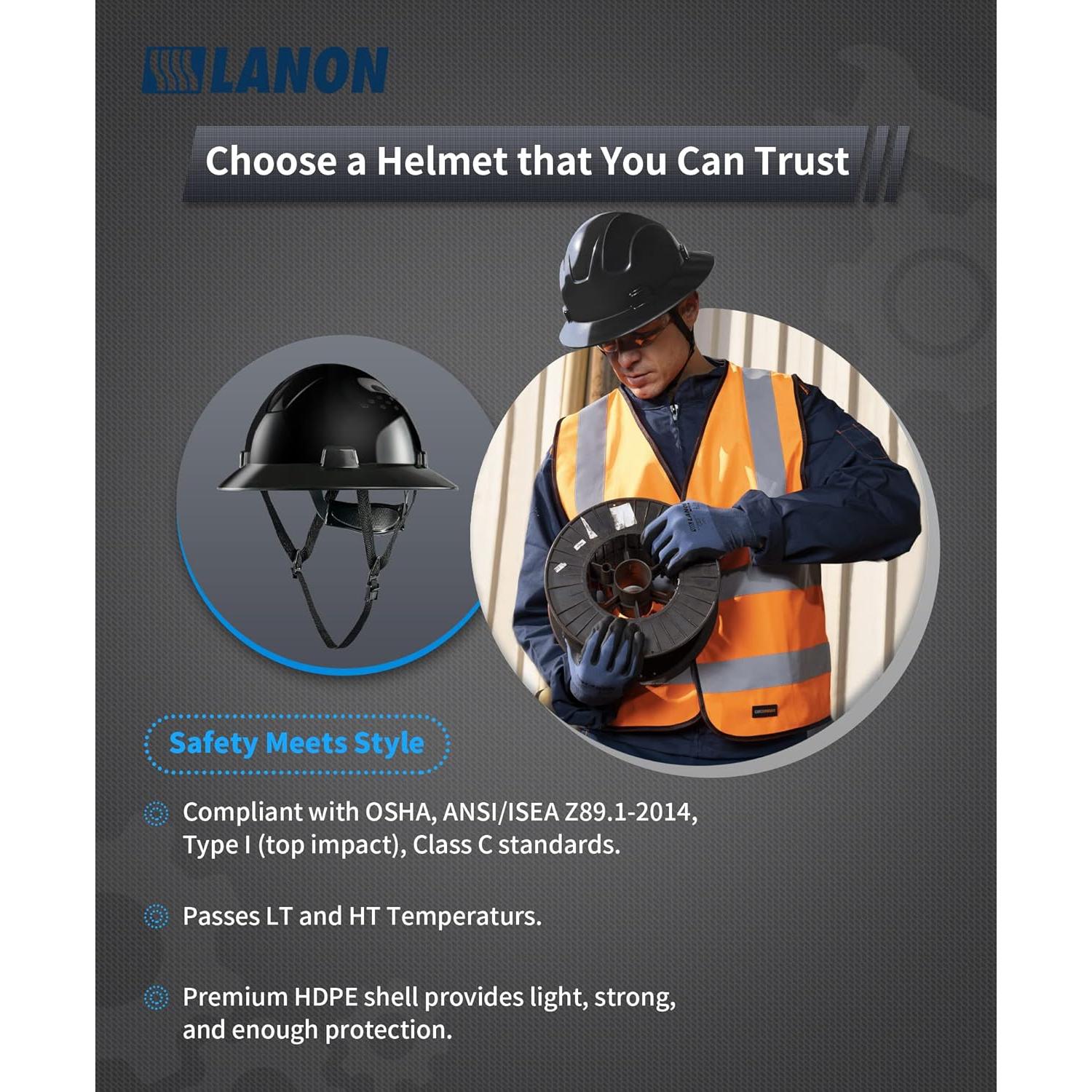 Casco de Seguridad LANON Negro HDPE Ajustable 4 Puntos