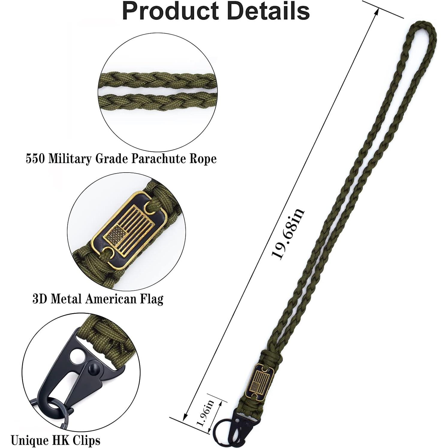 2 Pcs Heavy Duty Paracord Lanyard Necklace, 550 Braided Keychain Lanyard Strap with USA Flag, Parachute Rope Necklace Keychains, Braided Strong Keychains for Outdoor Activities, Camera, Keys