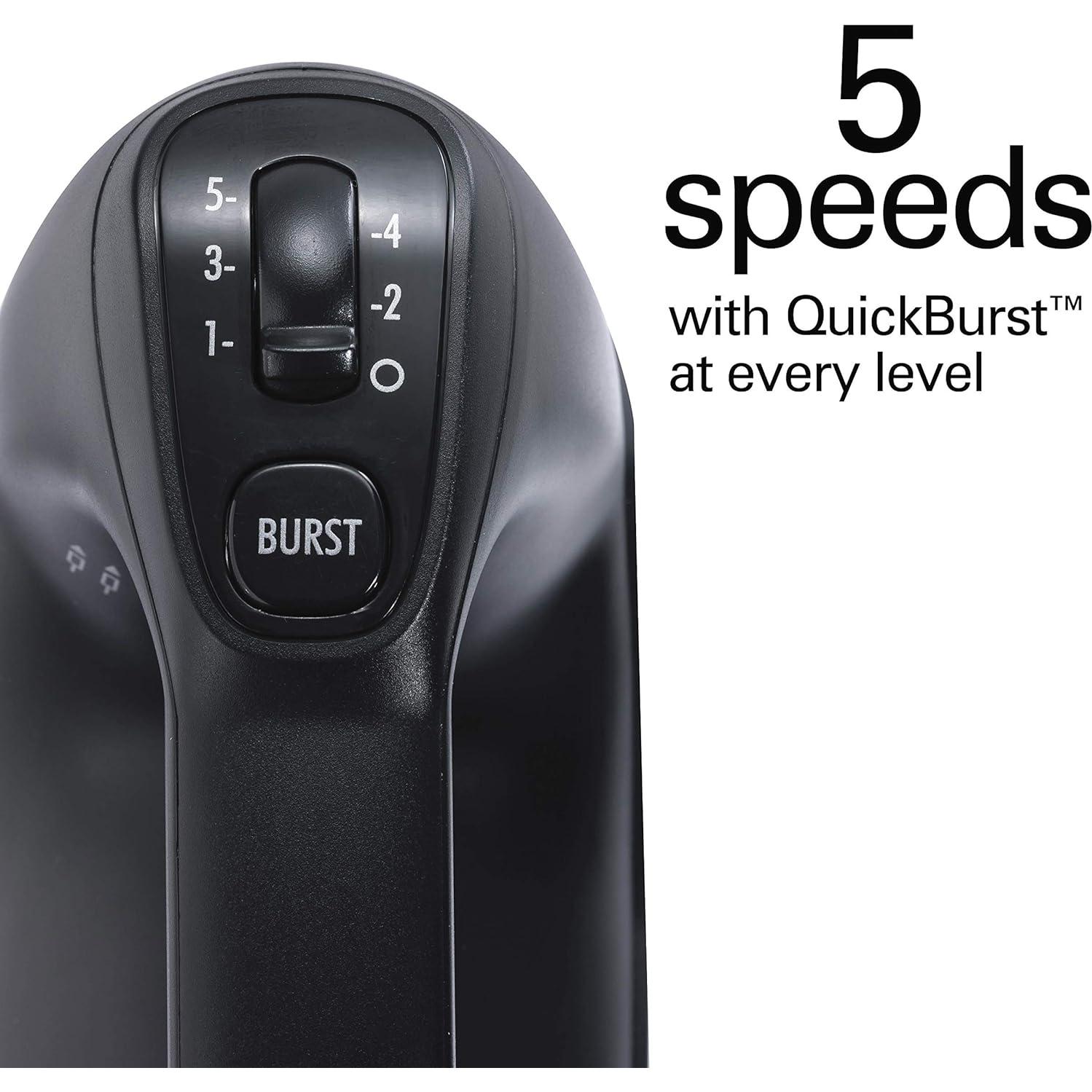 Hamilton Beach Professional 5-Speed Electric Hand Mixer with High-Performance DC Motor, Slow Start, Snap-On Storage Case, Stainless Steel Beaters & Whisk, Black (62651)