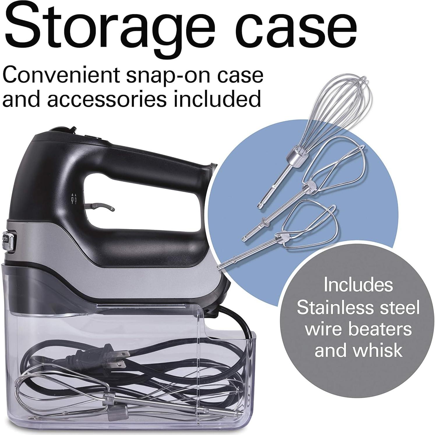 Hamilton Beach Professional 5-Speed Electric Hand Mixer with High-Performance DC Motor, Slow Start, Snap-On Storage Case, Stainless Steel Beaters & Whisk, Black (62651)