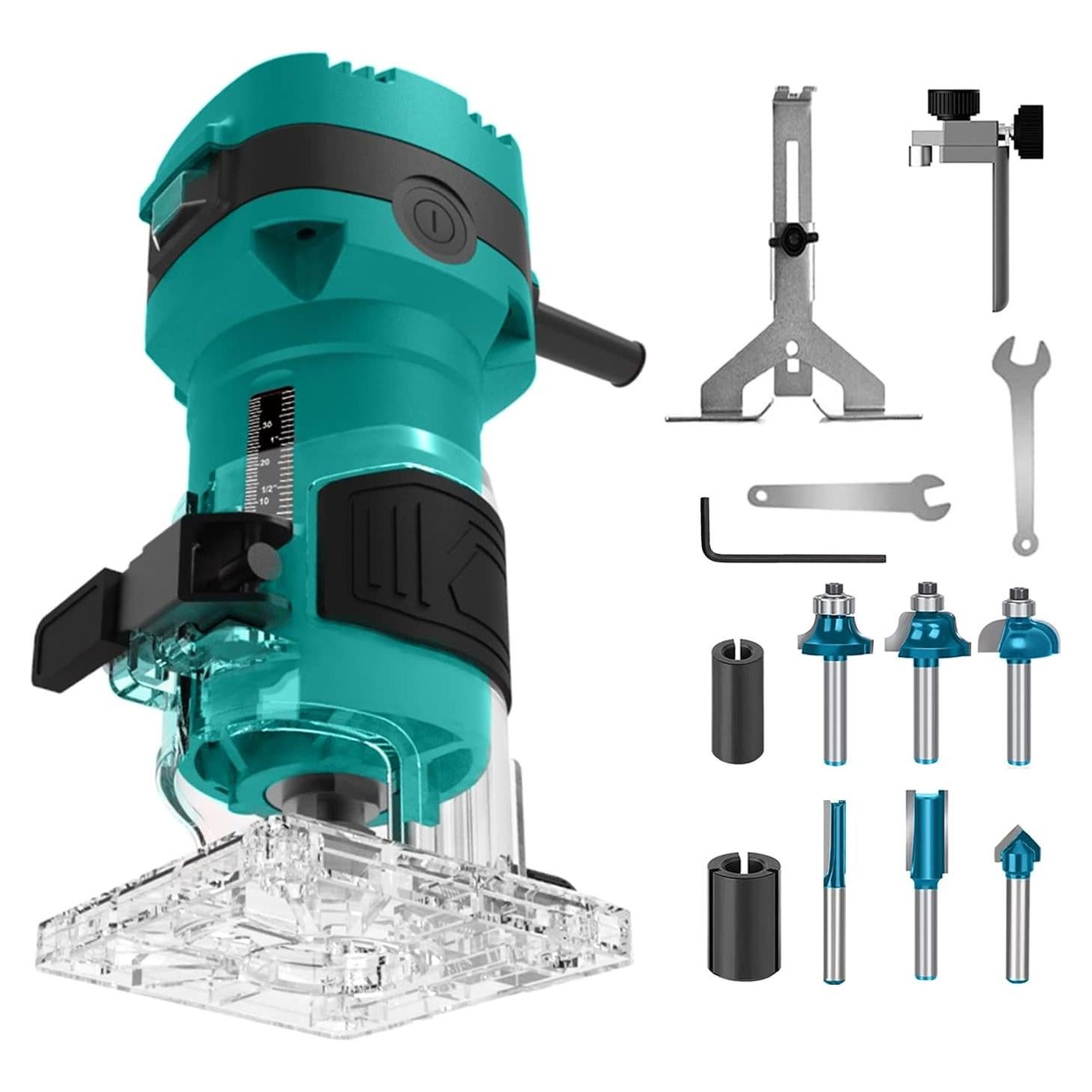 Router Tool For Woodworking, 32000 RPM Compact Palm Wood Routers, Trim Router with 6 Wood Bits, 1/4" Collets and 8mm/12.7mm Adapter