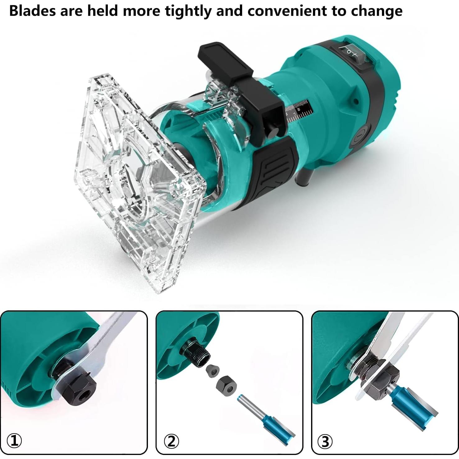 Router Tool For Woodworking, 32000 RPM Compact Palm Wood Routers, Trim Router with 6 Wood Bits, 1/4" Collets and 8mm/12.7mm Adapter
