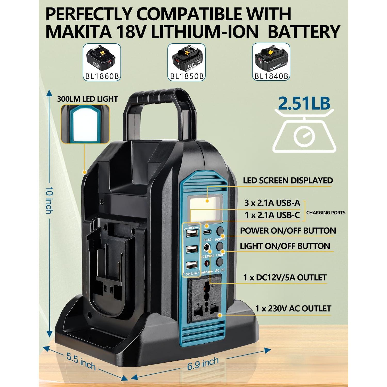 Taingwei 350W Power Inverter for Makita 18V Battery, 2-Ports DC 18V to AC 110-120V Pure Sine Wave Battery Inverter with 3 USB-A Port, 1 USB-C Port,300lm LED Light for Camping Emergency(Tool Only)