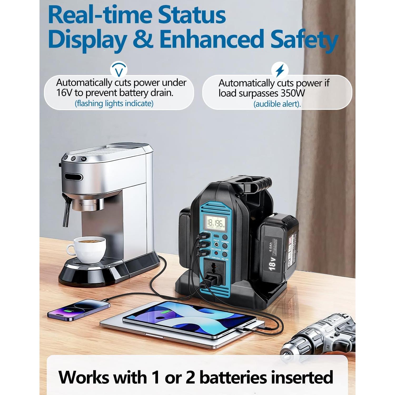 Taingwei 350W Power Inverter for Makita 18V Battery, 2-Ports DC 18V to AC 110-120V Pure Sine Wave Battery Inverter with 3 USB-A Port, 1 USB-C Port,300lm LED Light for Camping Emergency(Tool Only)