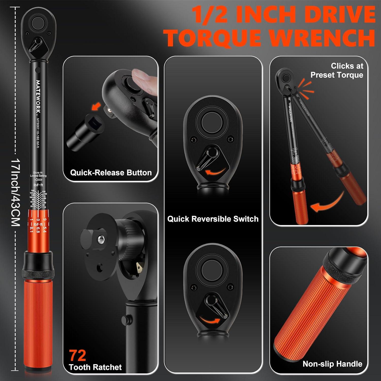 Llave de Torque de Click 1/2" Matework 10-160 ft.lb (13.56-217.73 Nm)