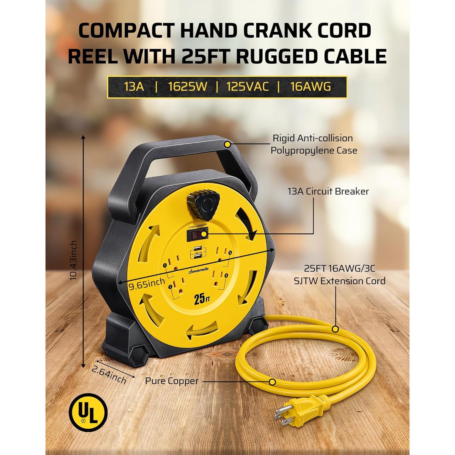 Carrete de Cable DEWENWILS 25FT (7.62m) 4 Salidas y 2 USB