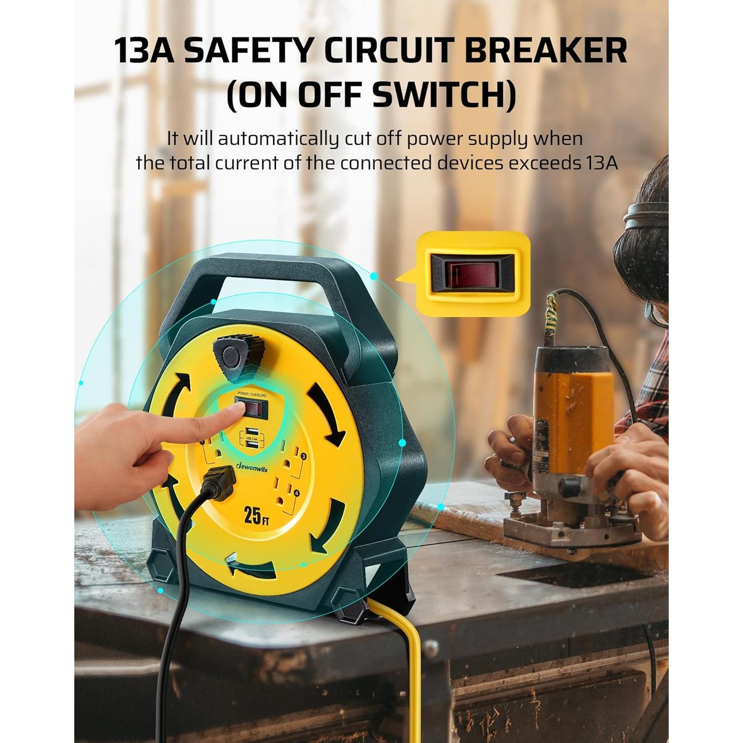 Carrete de Cable DEWENWILS 25FT (7.62m) 4 Salidas y 2 USB