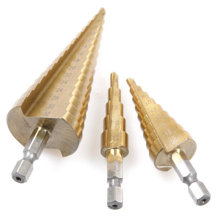 Juego de 3 Brocas Escalonadas HSS Titanio Preamer 4-12-20-32mm