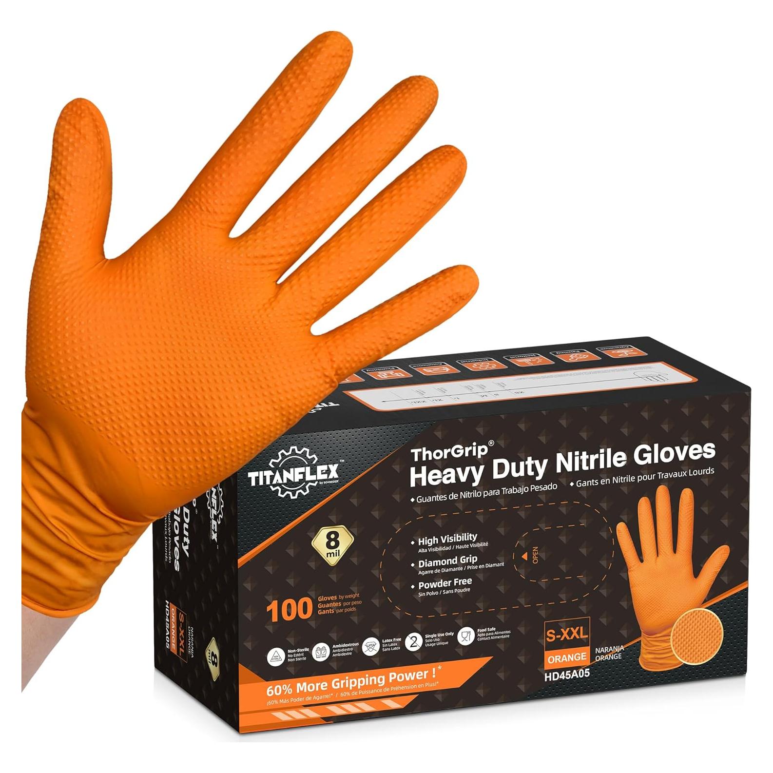 Guantes de Nitrilo TitanFlex Thor Grip Naranja 8-mil 100 Pzas