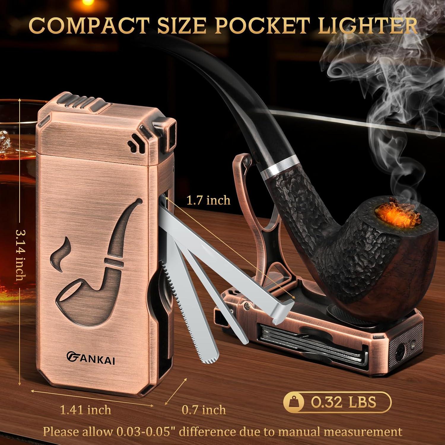Pipe Lighter, Built-in Stand, 3 in 1 Cleaner Tools, Refillable Butane, Gas Window with Angled Soft Flame, Pipe Gift Butane not Included