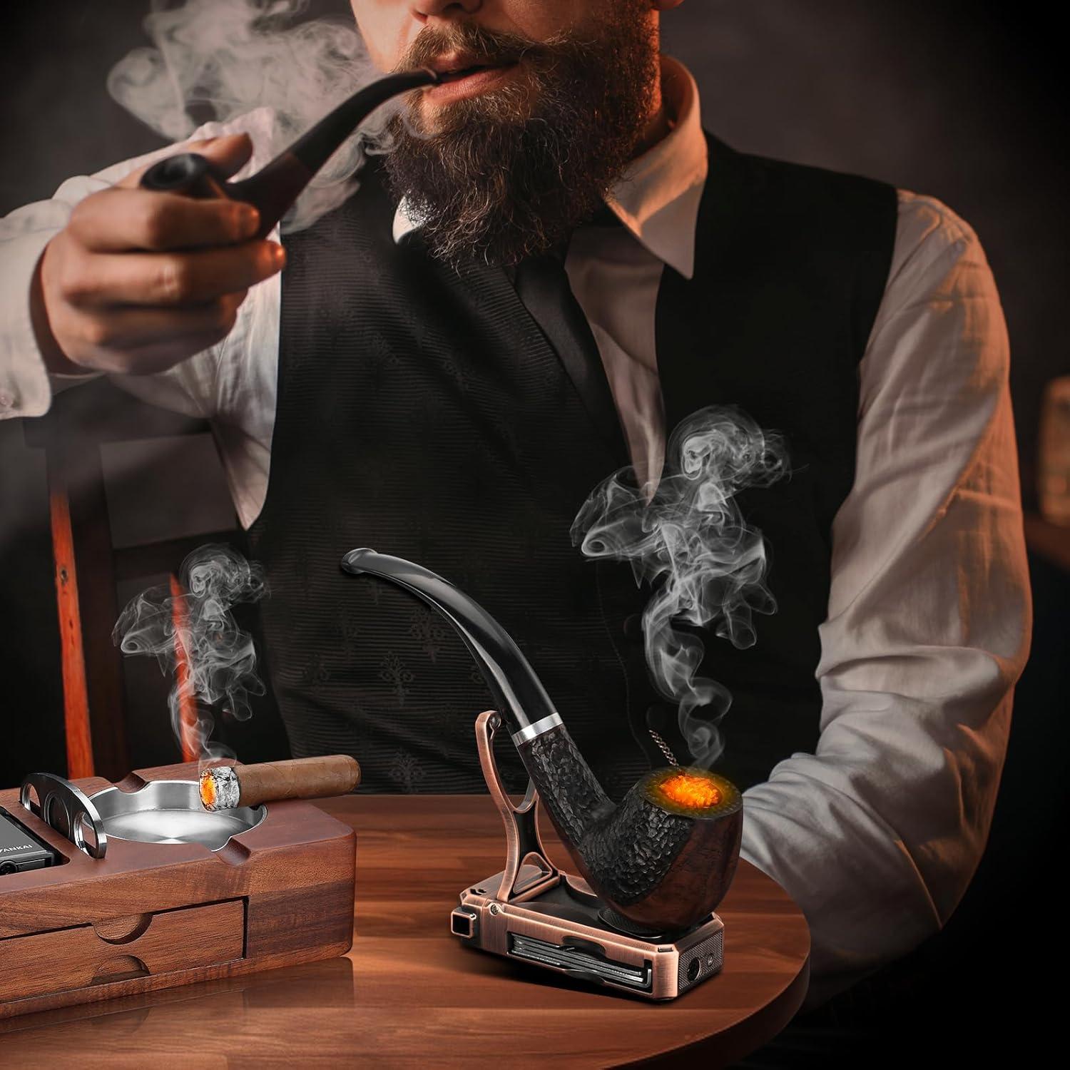 Pipe Lighter, Built-in Stand, 3 in 1 Cleaner Tools, Refillable Butane, Gas Window with Angled Soft Flame, Pipe Gift Butane not Included