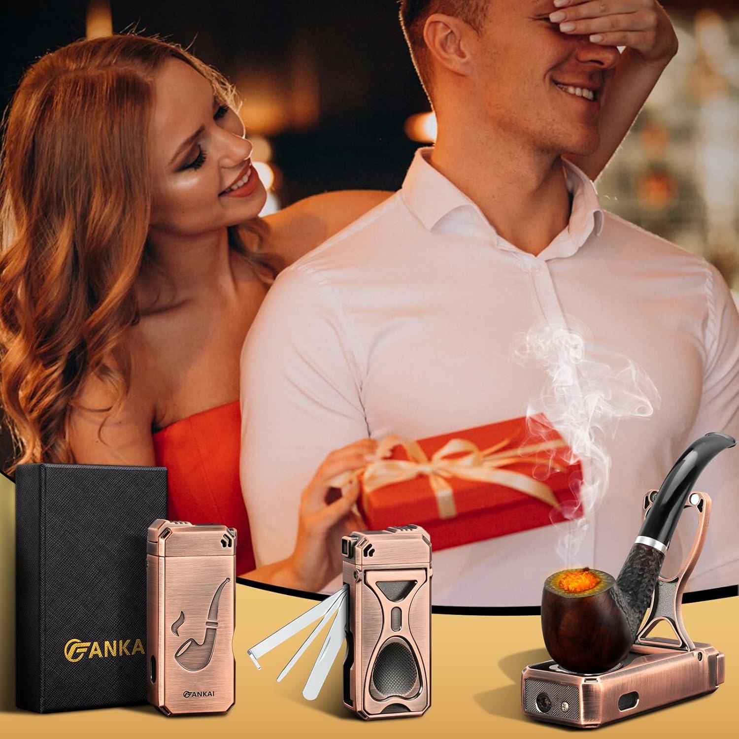 Pipe Lighter, Built-in Stand, 3 in 1 Cleaner Tools, Refillable Butane, Gas Window with Angled Soft Flame, Pipe Gift Butane not Included