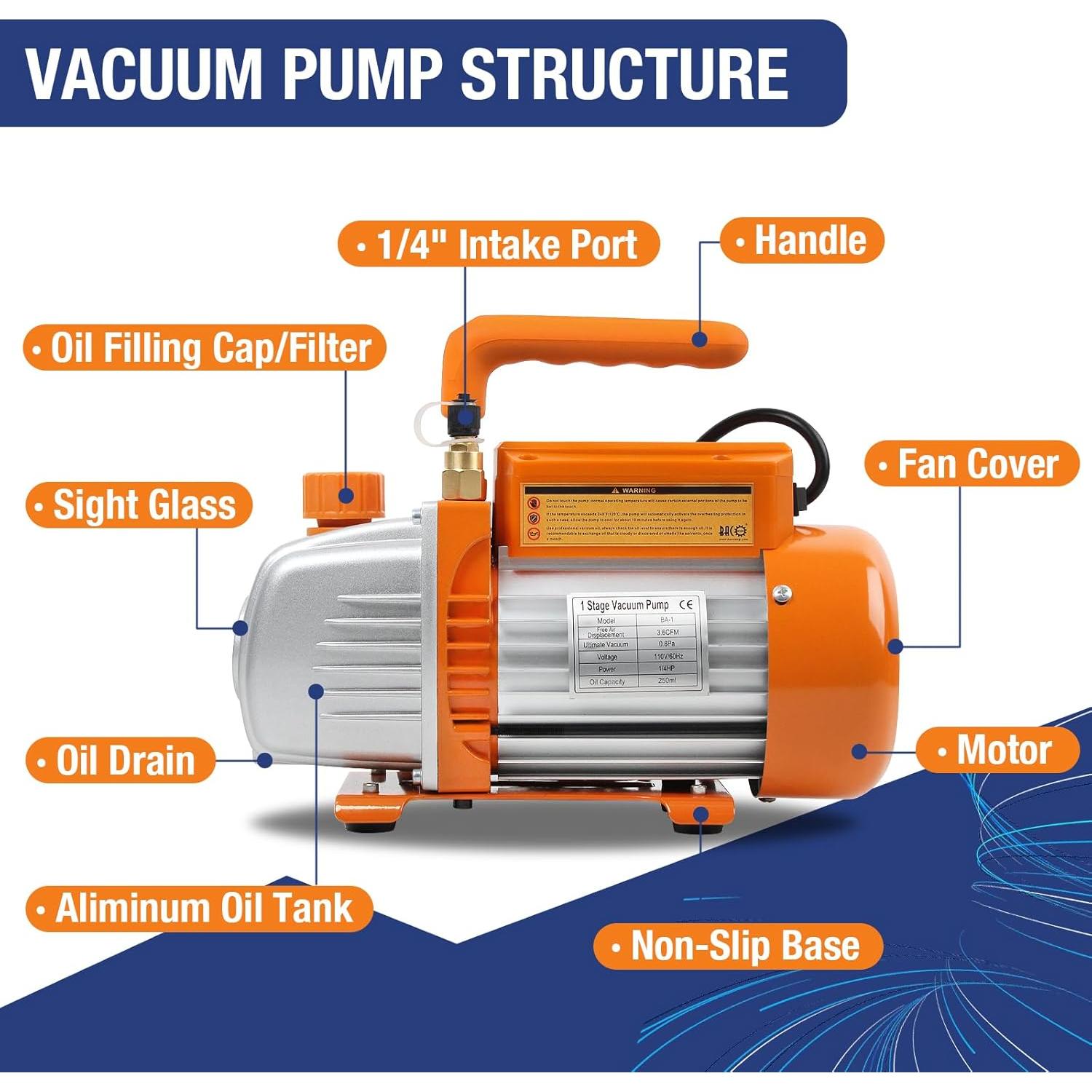 BACOENG Bomba de Vacío 3.6CFM Kit Manómetro R22 R32 R410A