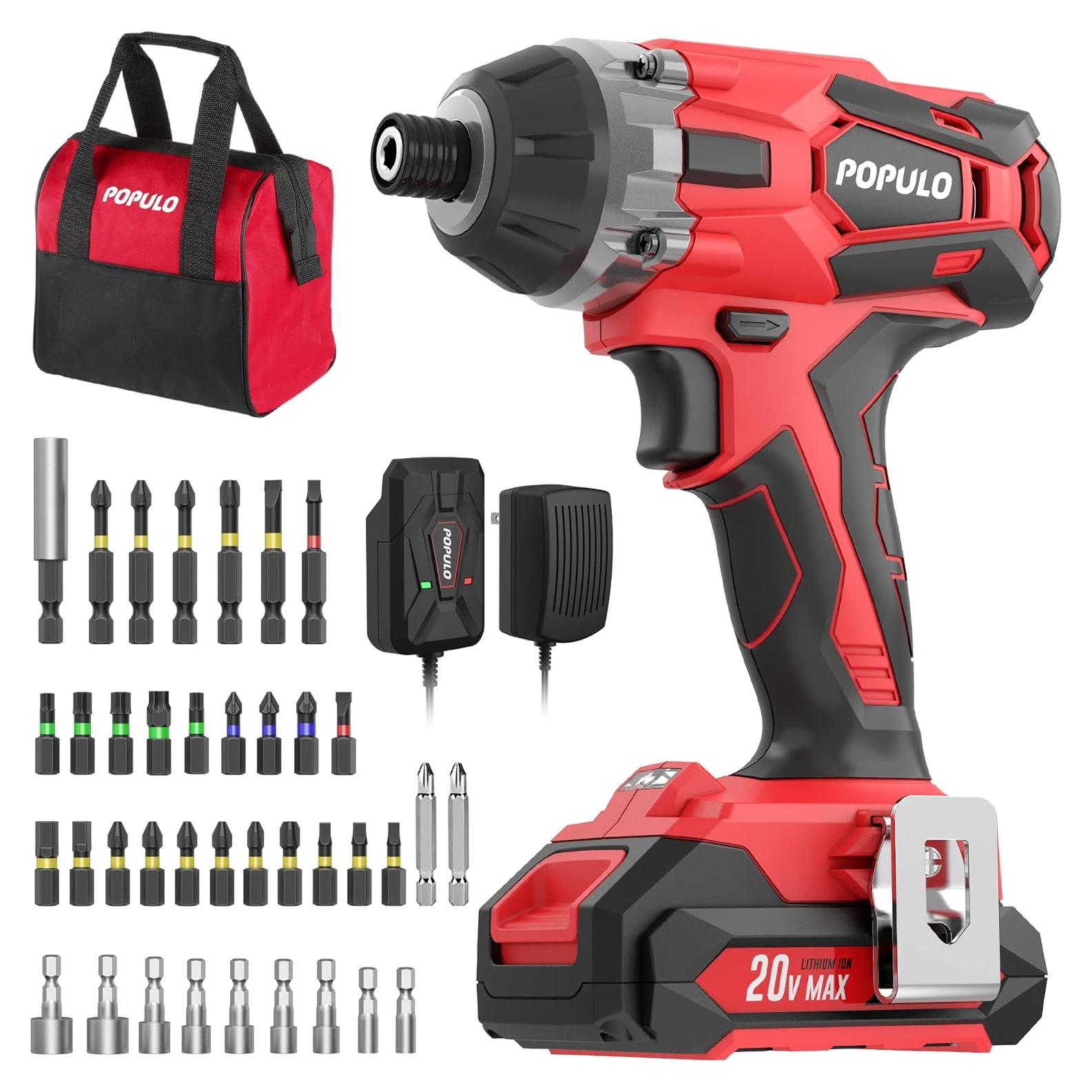 POPULO Cordless Impact Driver Set with Bit Holder, 20V MAX 1/4" Hex Chuck Impact Drill, 250N.m (2,250 in-lbs) Power, 39 Piece S2 Impact Driver Drill Bit Set, 2.0 Ah Battery, Fast Charger