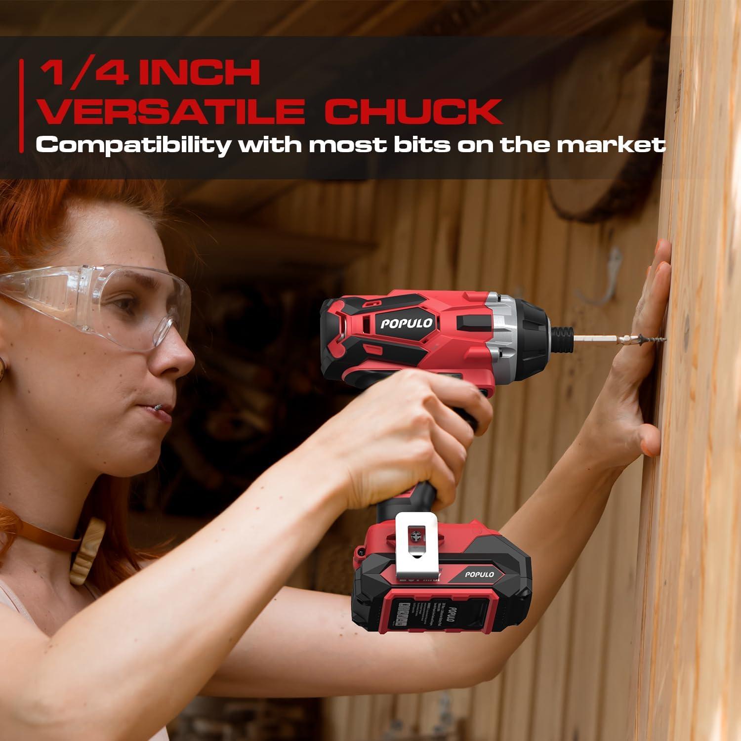 POPULO Cordless Impact Driver Set with Bit Holder, 20V MAX 1/4" Hex Chuck Impact Drill, 250N.m (2,250 in-lbs) Power, 39 Piece S2 Impact Driver Drill Bit Set, 2.0 Ah Battery, Fast Charger