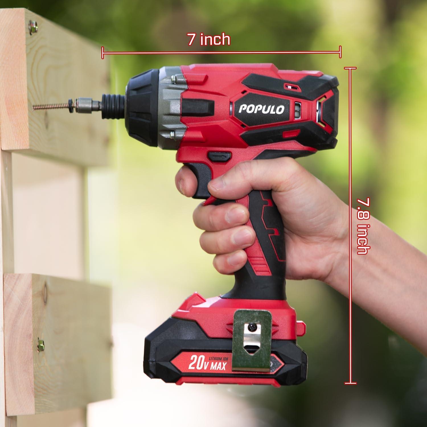POPULO Cordless Impact Driver Set with Bit Holder, 20V MAX 1/4" Hex Chuck Impact Drill, 250N.m (2,250 in-lbs) Power, 39 Piece S2 Impact Driver Drill Bit Set, 2.0 Ah Battery, Fast Charger