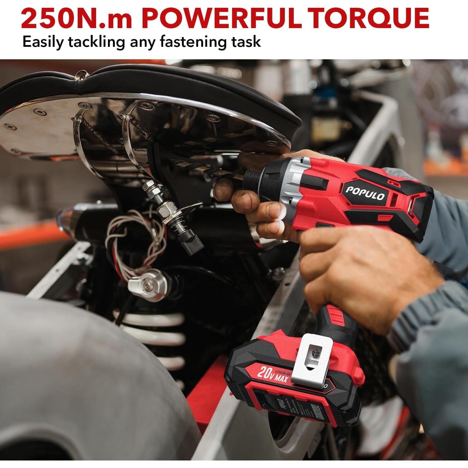 POPULO Cordless Impact Driver Set with Bit Holder, 20V MAX 1/4" Hex Chuck Impact Drill, 250N.m (2,250 in-lbs) Power, 39 Piece S2 Impact Driver Drill Bit Set, 2.0 Ah Battery, Fast Charger