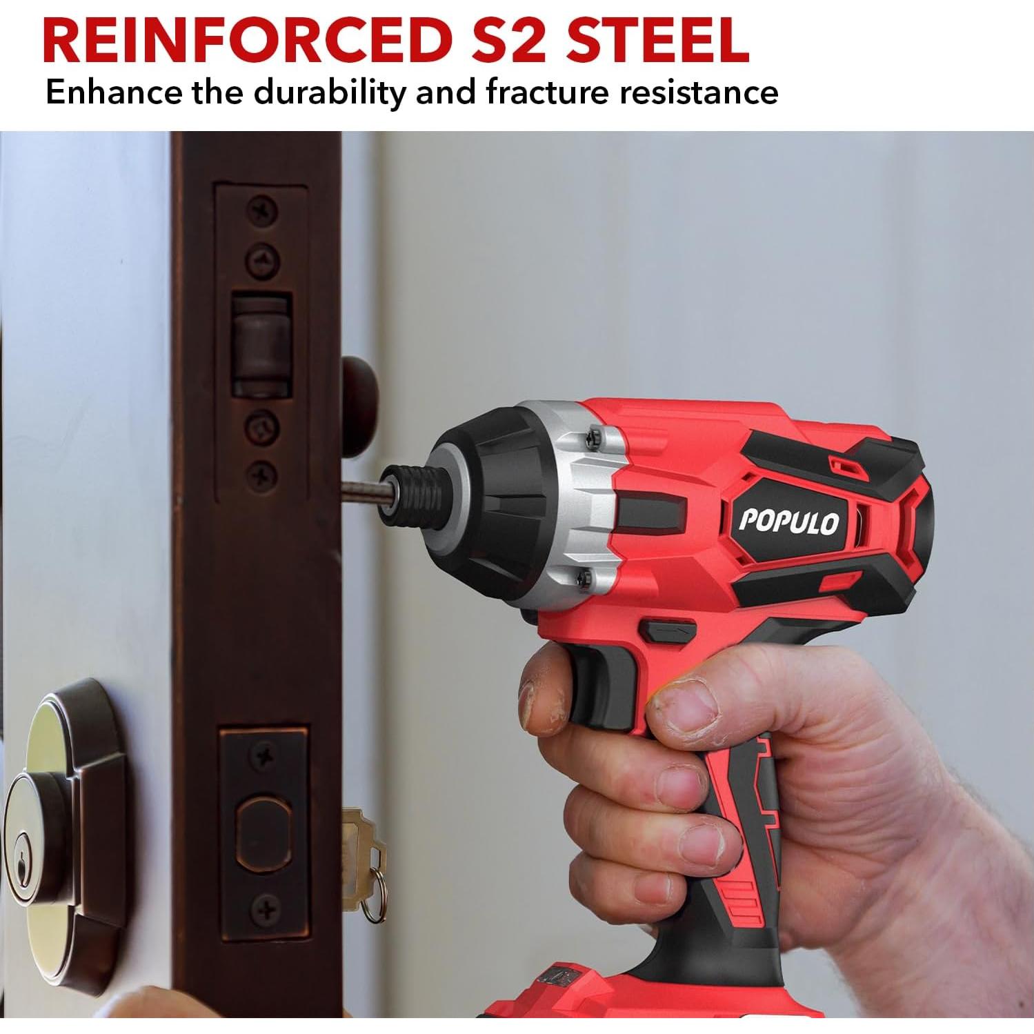 POPULO Cordless Impact Driver Set with Bit Holder, 20V MAX 1/4" Hex Chuck Impact Drill, 250N.m (2,250 in-lbs) Power, 39 Piece S2 Impact Driver Drill Bit Set, 2.0 Ah Battery, Fast Charger