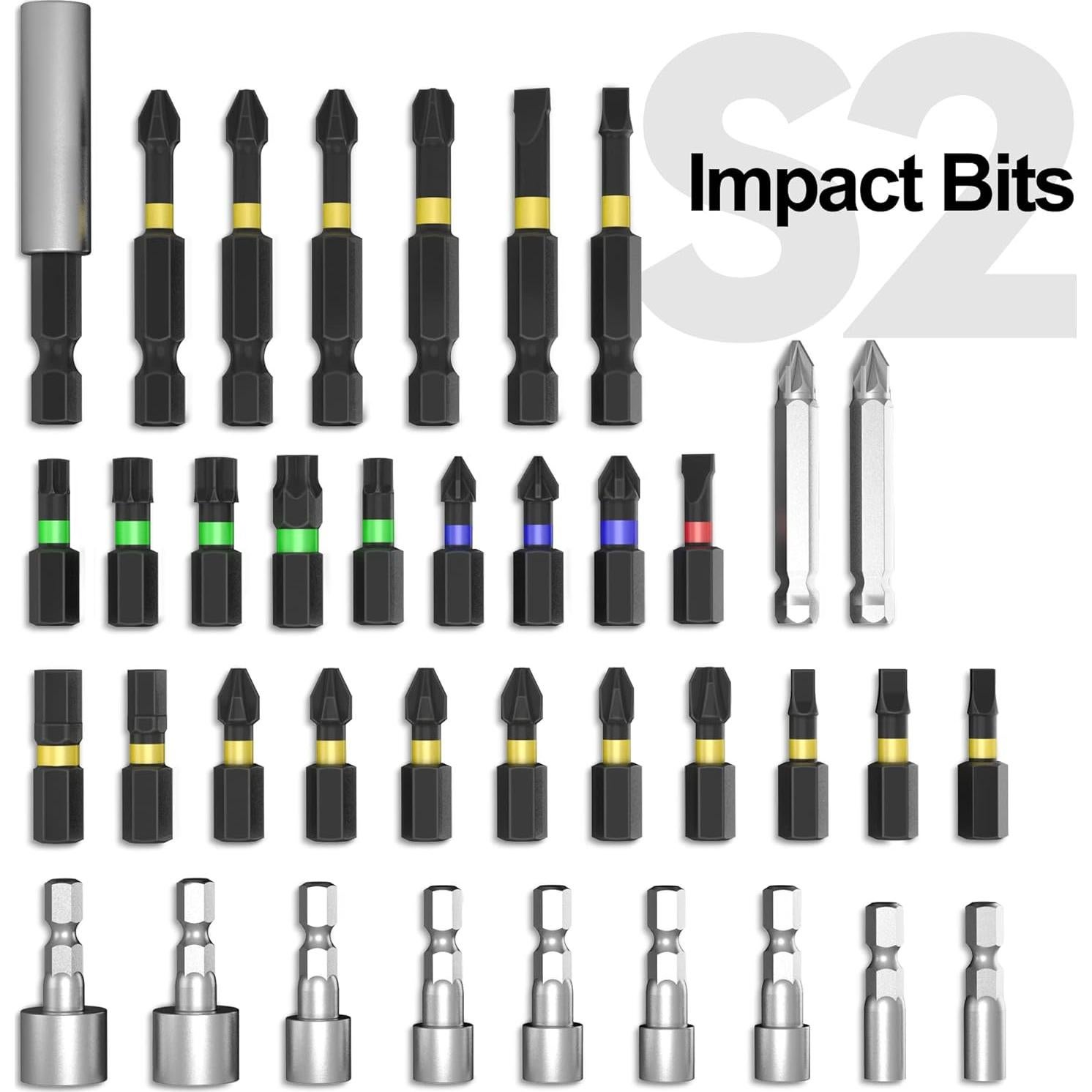 POPULO Cordless Impact Driver Set with Bit Holder, 20V MAX 1/4" Hex Chuck Impact Drill, 250N.m (2,250 in-lbs) Power, 39 Piece S2 Impact Driver Drill Bit Set, 2.0 Ah Battery, Fast Charger