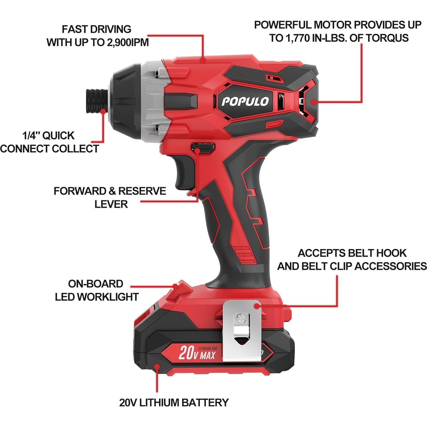 POPULO Cordless Impact Driver Set with Bit Holder, 20V MAX 1/4" Hex Chuck Impact Drill, 250N.m (2,250 in-lbs) Power, 39 Piece S2 Impact Driver Drill Bit Set, 2.0 Ah Battery, Fast Charger