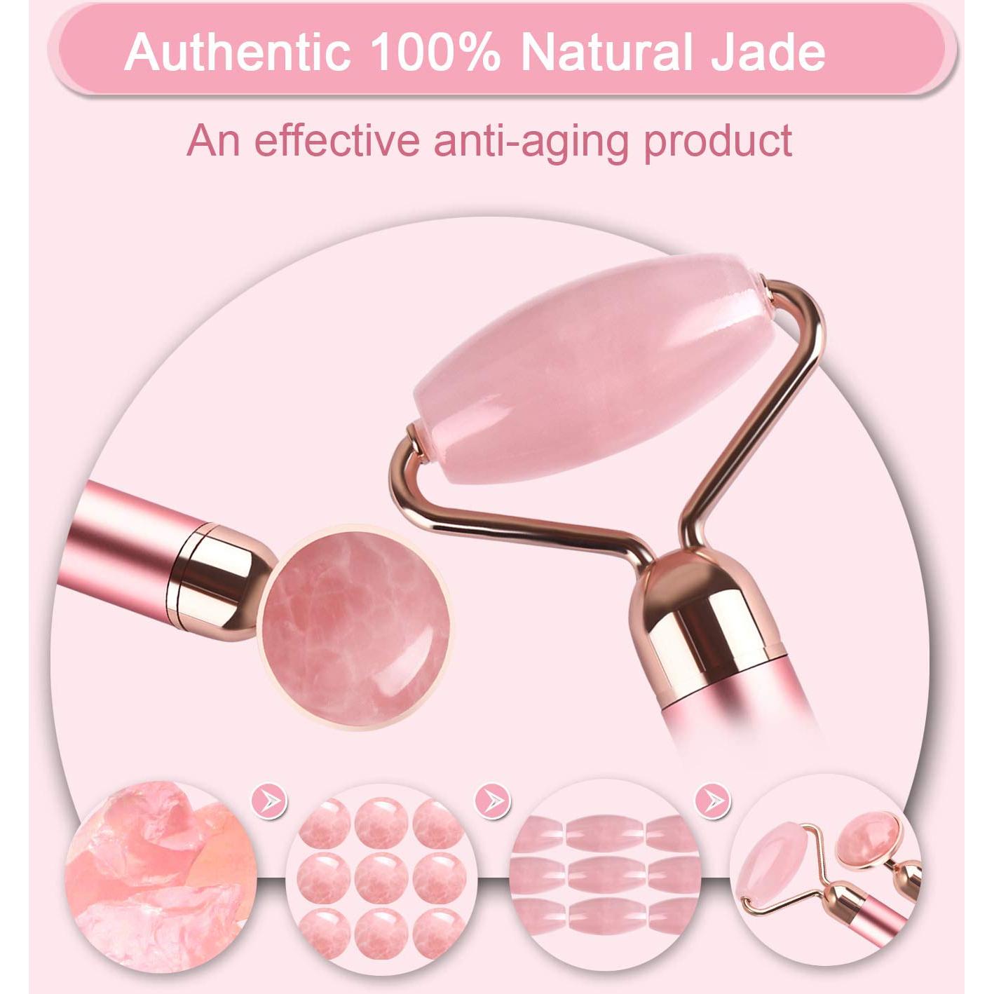 Upgrade 2 in 1 Vibrating Jade Facial Massager Roller, Electric Rose Quartz Eye Face Roller to Press Skin Cream Oil for Anti-Aging Reducing Wrinkles and Glowing Youthful Skin Tone