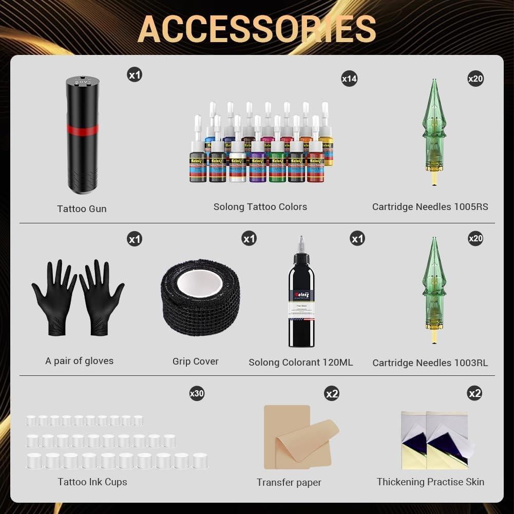 Kit de Tatuaje Inalámbrico Solong con Pantalla OLED y 40 Agujas